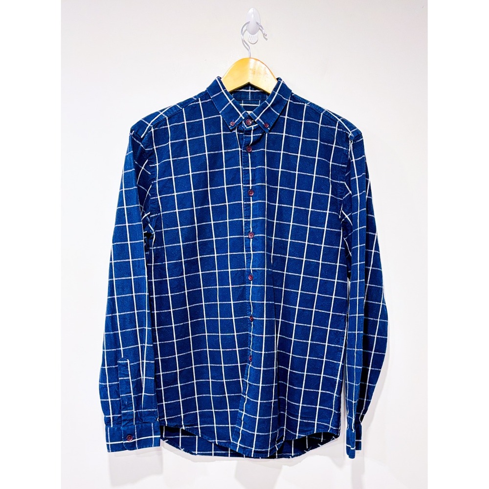 FRANK & OAK Blue check shirt | Linen cotton casual | Medium